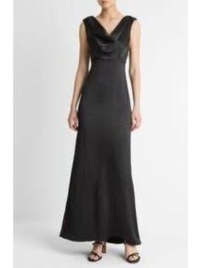 AW. Bridal Women’s Black Satin Drape Cowl Neck Maxi Dress Size 10